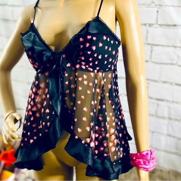Black Lingerie W Pink Hearts OS Silky Sash Tie Ruffles Open Front Coquette - Picture 3 of 10